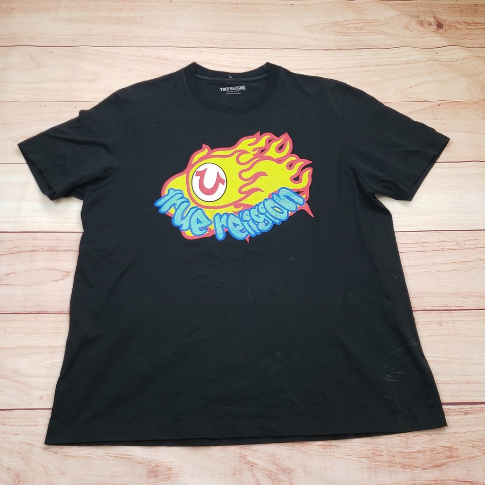 True‎ Religion Shirt Mens 2XL XXL Black Red Flame Short Sleeve Casual Adult